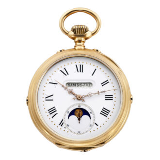Swiss 18K gold keyless lever with linear triple calendar Circa 1880