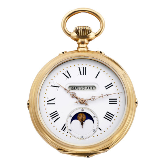 Swiss 18K gold keyless lever with linear triple calendar Circa 1880