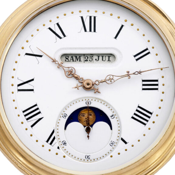 Swiss 18K gold keyless lever with linear triple calendar Circa 1880 Swiss 18K gold keyless lever with linear triple calendar Circa 1880