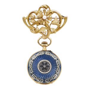 Swiss gold, enamel and diamond brooch watch Circa 1910