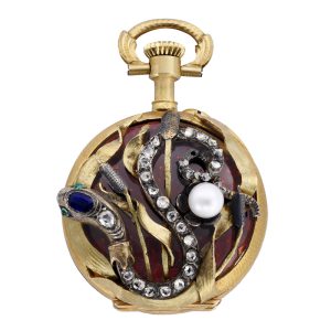 Swiss gold and enamel watch with diamond and pearl snake Circa 1900