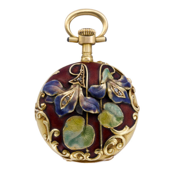 Swiss 18k gold pendant watch with enamel floral decoration Circa 1910