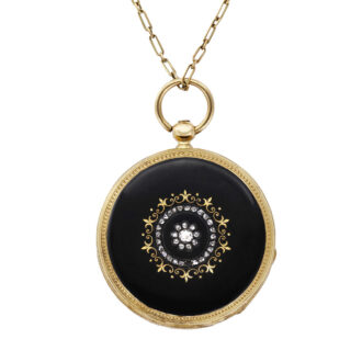 Swiss gold, black enamel watch with matching chain Circa 1870
