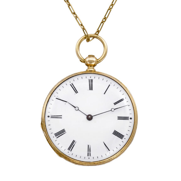 Swiss gold, black enamel watch with matching chain Circa 1870 Swiss gold, black enamel watch with matching chain Circa 1870