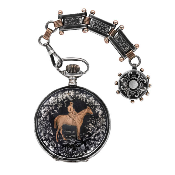 Swiss niëllo silver and gold hunting cased fob watch Circa 1900 Swiss niëllo silver and gold hunting cased fob watch Circa 1900