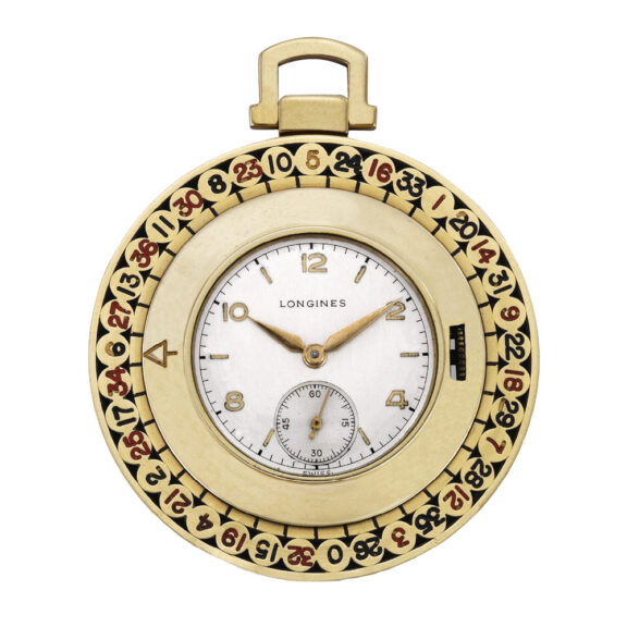 Unusual Swiss 14k gold watch with spinning roulette wheel Circa 1950