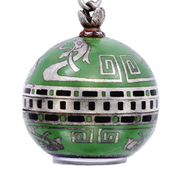 Swiss sterling silver and green enamel ball form pendant watch Circa 1930 Swiss sterling silver and green enamel ball form pendant watch Circa 1930