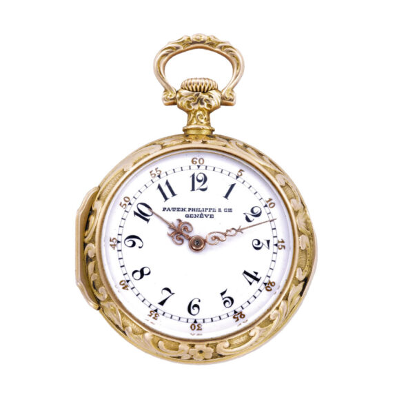 Fine Swiss 18k gold repousse lady's pedant watch Circa 1900 Fine Swiss 18k gold repousse lady's pedant watch Circa 1900