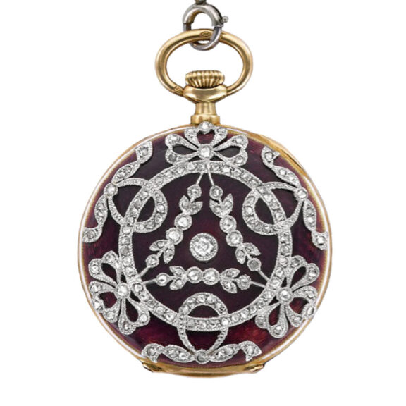 Swiss 18K yellow gold, enamel and diamond dress watch Circa 1910 Swiss 18K yellow gold, enamel and diamond dress watch Circa 1910