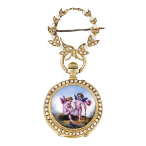 Swiss gold, enamel and pearl-set watch with brooch Circa 1900