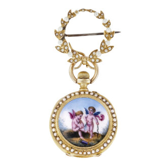 Swiss gold, enamel and pearl-set watch with brooch Circa 1900