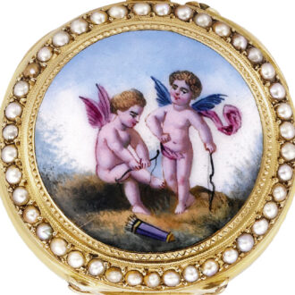 Swiss gold, enamel and pearl-set watch with brooch Circa 1900
