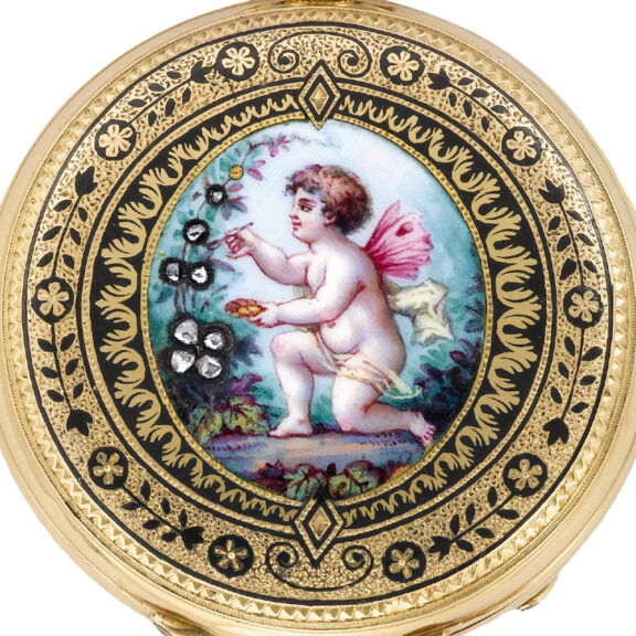 Swiss gold, enamel and diamond-set hunting cased watch Circa 1870 Swiss gold, enamel and diamond-set hunting cased watch Circa 1870