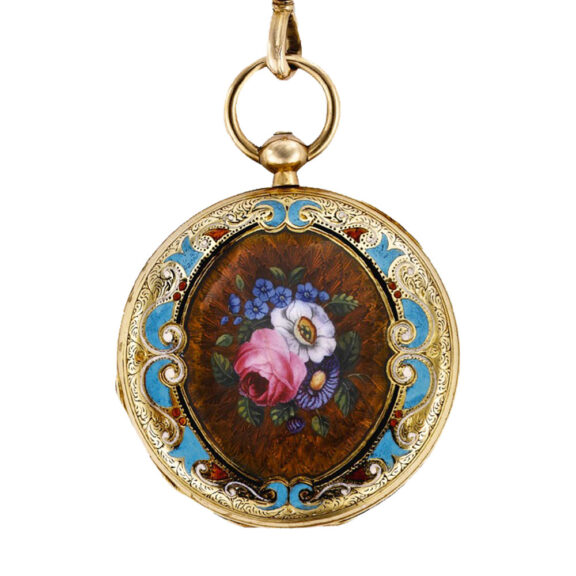 Swiss gold pendant watch with matching chain Circa 1850 Swiss gold pendant watch with matching chain Circa 1850