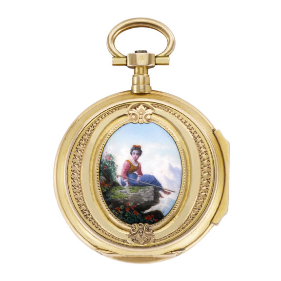 Swiss 18k gold pendant watch with enamel scene Circa 1860