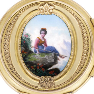 Swiss 18k gold pendant watch with enamel scene Circa 1860