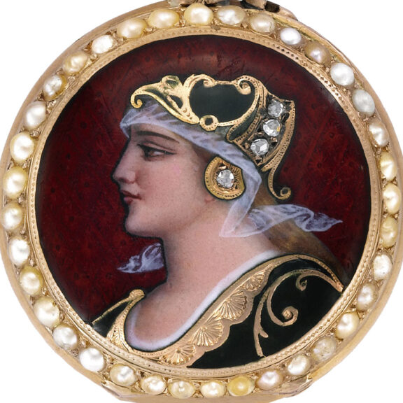 Swiss gold watch with enamel portrait of a lady Circa 1890 Swiss gold watch with enamel portrait of a lady Circa 1890