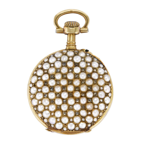 Swiss 18 Carat gold pearl and diamond set pendant watch Circa 1900