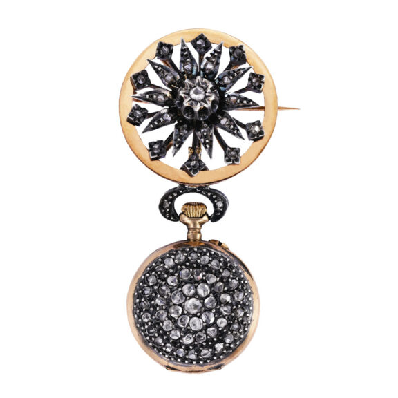 Swiss pink gold and diamond lady's brooch watch Circa 1890