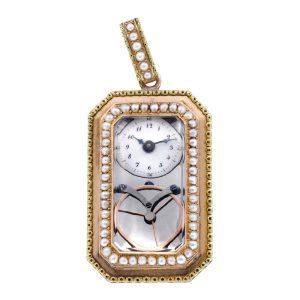 Swiss 18K yellow gold and pearl-set rectangular pendant watch Circa 1810