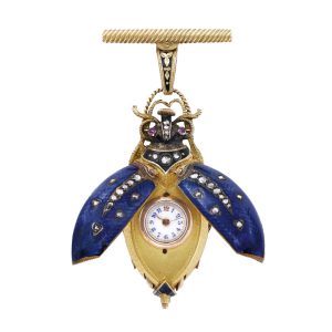 Swiss gold and enamel diamond-set beetle-form watch Circa 1870