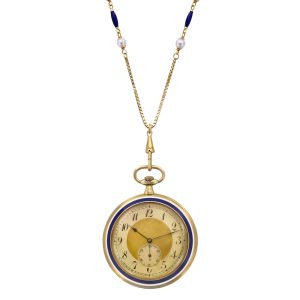 Swiss gold and enamel watch with matching pearl chain Circa 1900