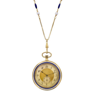 Swiss gold and enamel watch with matching pearl chain Circa 1900