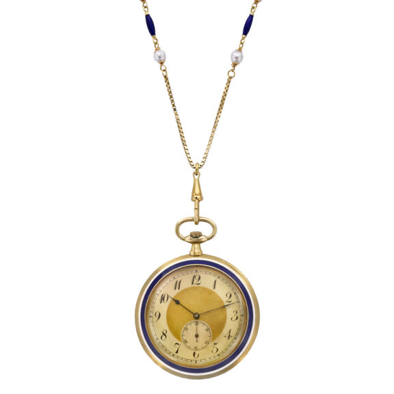Swiss gold and enamel watch with matching pearl chain Circa 1900