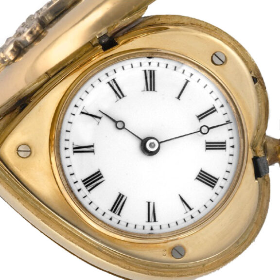 Swiss gold and diamond heart-shaped pendant watch Circa 1859 Swiss gold and diamond heart-shaped pendant watch Circa 1859