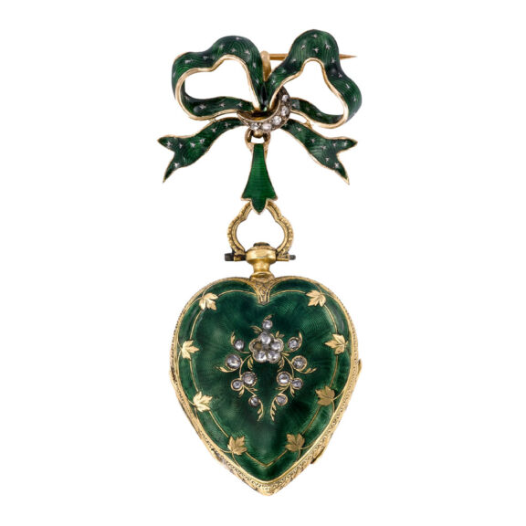 Swiss gold, enamel and diamond heart-shaped brooch watch Circa 1850