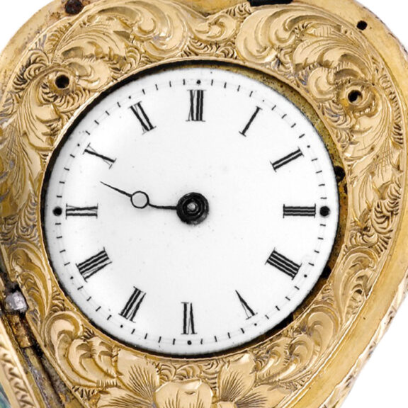 Swiss gold, enamel and diamond heart-shaped brooch watch Circa 1850 Swiss gold, enamel and diamond heart-shaped brooch watch Circa 1850
