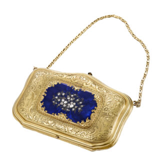 Swiss 18K gold, enamel and diamond set purse form watch Circa 1850 Swiss 18K gold, enamel and diamond set purse form watch Circa 1850