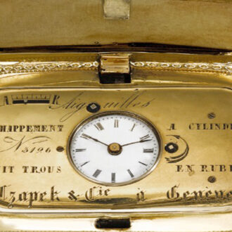 Swiss 18K gold, enamel and diamond set purse form watch Circa 1850 Swiss 18K gold, enamel and diamond set purse form watch Circa 1850