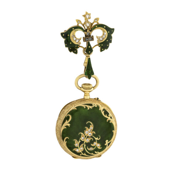 Swiss gold, diamond and enamel Art Nouveau lapel watch Circa 1900