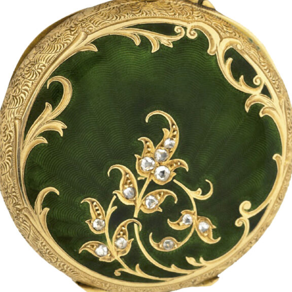 Swiss gold, diamond and enamel Art Nouveau lapel watch Circa 1900 Swiss gold, diamond and enamel Art Nouveau lapel watch Circa 1900