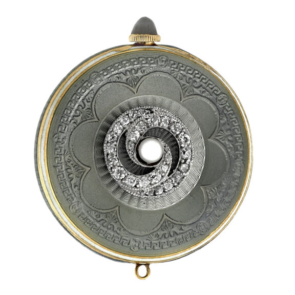 Swiss 14K gold, enamel, diamond and pearl-set pendant watch Circa 1910