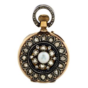 Small Swiss pink gold, diamond and pearl pendant watch Circa 1900
