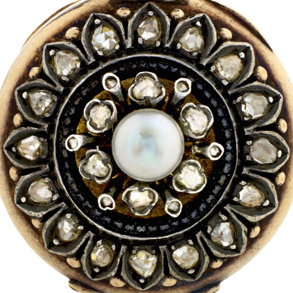 Small Swiss pink gold, diamond and pearl pendant watch Circa 1900 Small Swiss pink gold, diamond and pearl pendant watch Circa 1900