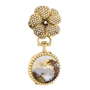 Swiss 18K gold, enamel and pearl-set pendant watch Circa 1890