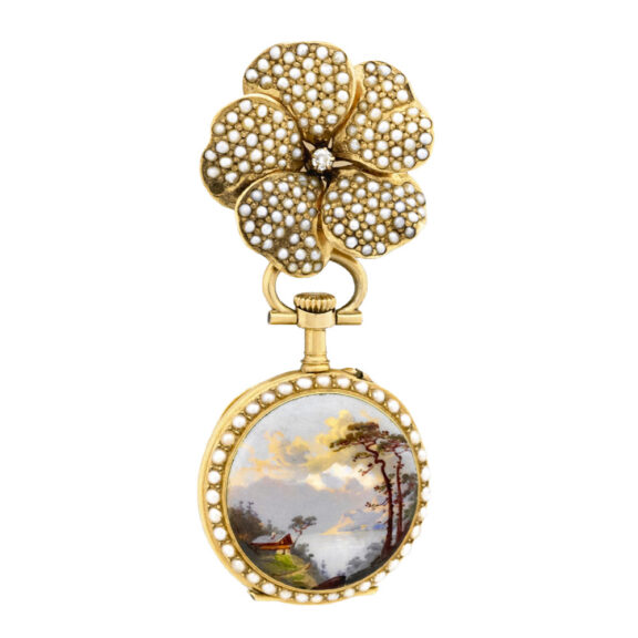 Swiss 18K gold, enamel and pearl-set pendant watch Circa 1890