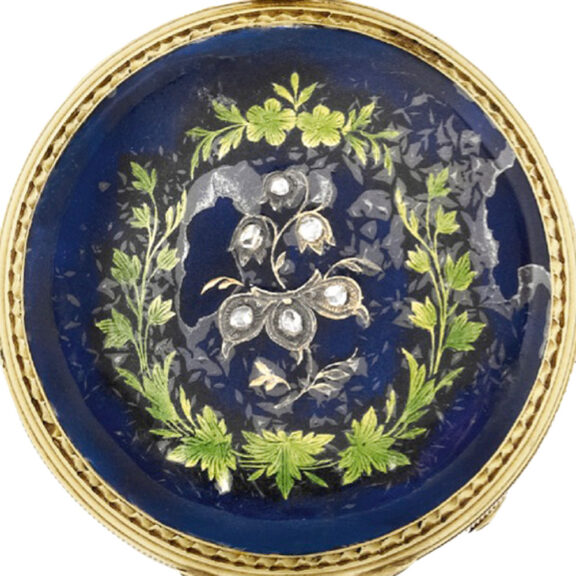 Swiss gold, diamond and enamel hunting cased watch Circa 1850 Swiss gold, diamond and enamel hunting cased watch Circa 1850