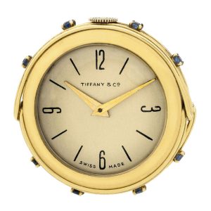 Swiss 18K yellow gold and sapphire standing travel clock Circa 1950