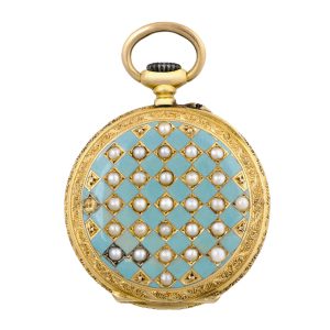 Swiss 18K gold, pearl and enamel keyless pendant watch Circa 1879