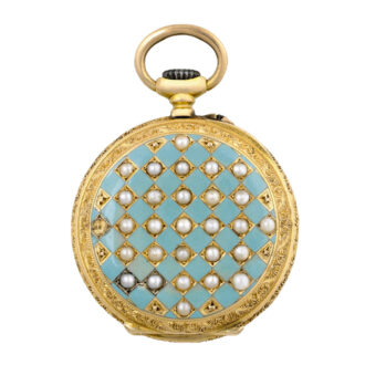 Swiss 18K gold, pearl and enamel keyless pendant watch Circa 1879