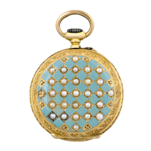 Swiss 18K gold, pearl and enamel keyless pendant watch Circa 1879
