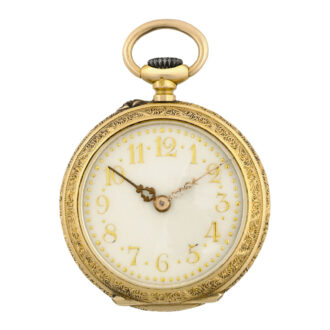 Swiss 18K gold, pearl and enamel keyless pendant watch Circa 1879