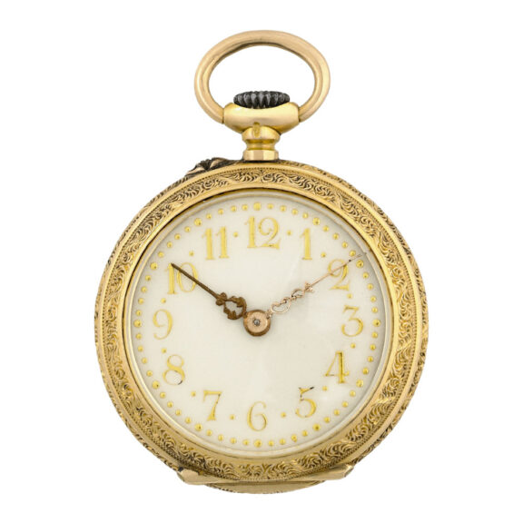 Swiss 18K gold, pearl and enamel keyless pendant watch Circa 1879 Swiss 18K gold, pearl and enamel keyless pendant watch Circa 1879