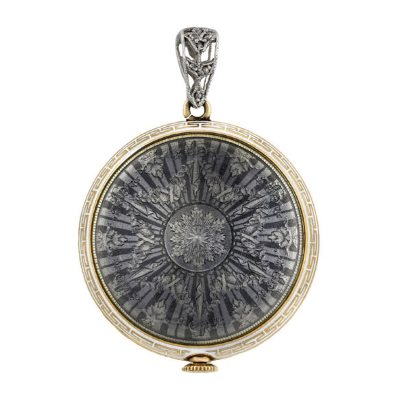 Swiss 14 carat gold and enamel keyless pendant watch Circa 1900 Swiss 14 carat gold and enamel keyless pendant watch Circa 1900
