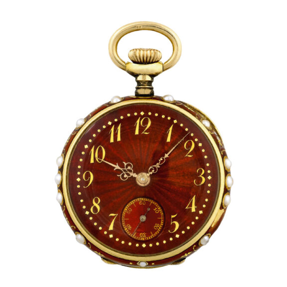 Swiss gold, enamel and pearl pendant watch Circa 1890 Swiss gold, enamel and pearl pendant watch Circa 1890