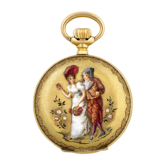 Swiss gold hunter with enamel scene of a young couple Circa 1880